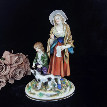 Vintage Volkstedt Figurine – Woman, Child & Dog | German Porcelain | Rococo Style | Crown N Mark